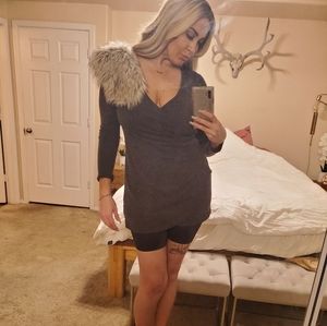 Faux Wrap Mini Dress w/ Removable Faux Fur Accent